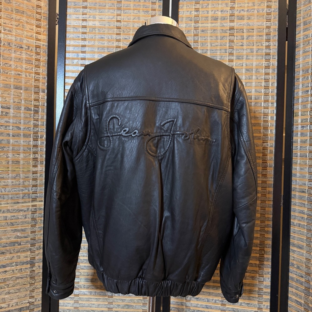 Sean John Leather Bomber Jacket Mens Large Black Embossed Logo Streetwear Coat
